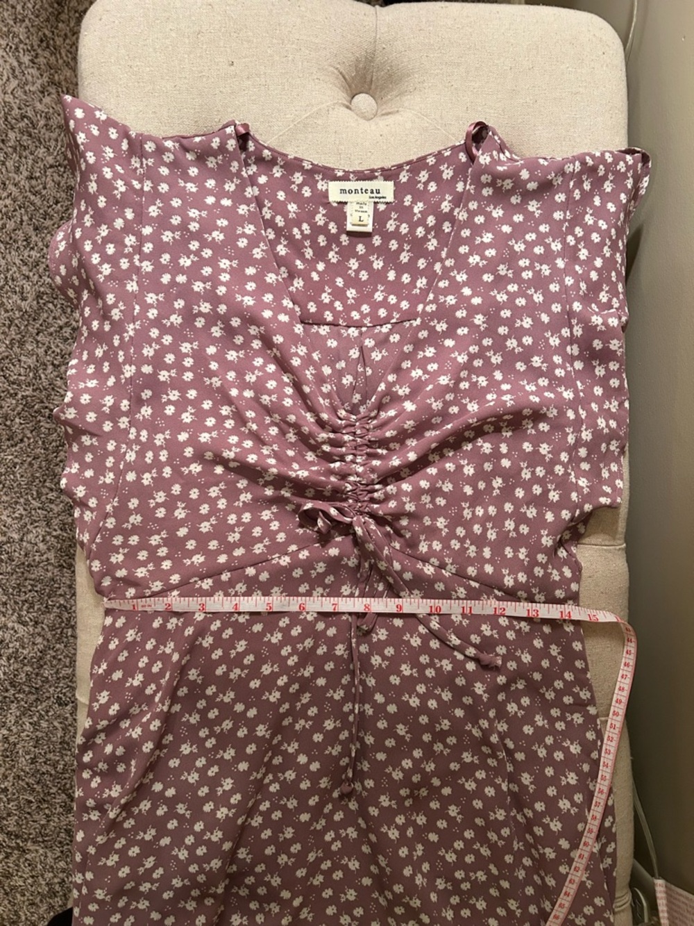 Monteau Los Angeles, Lavender, floral, Ruched V-Neck Women's Dress - Picture 4 of 6